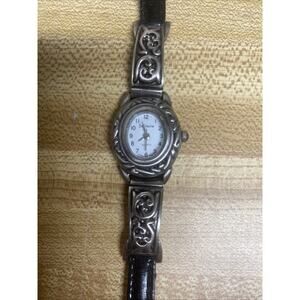 SOLITAIRE WOMEN’S Quartz Watch Silver Tone JAPAN MOV’T Black Leather Band